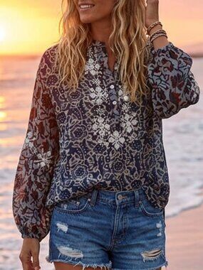 Miss June Boho Micro Mirror Embellished Cotton Blouse M/L